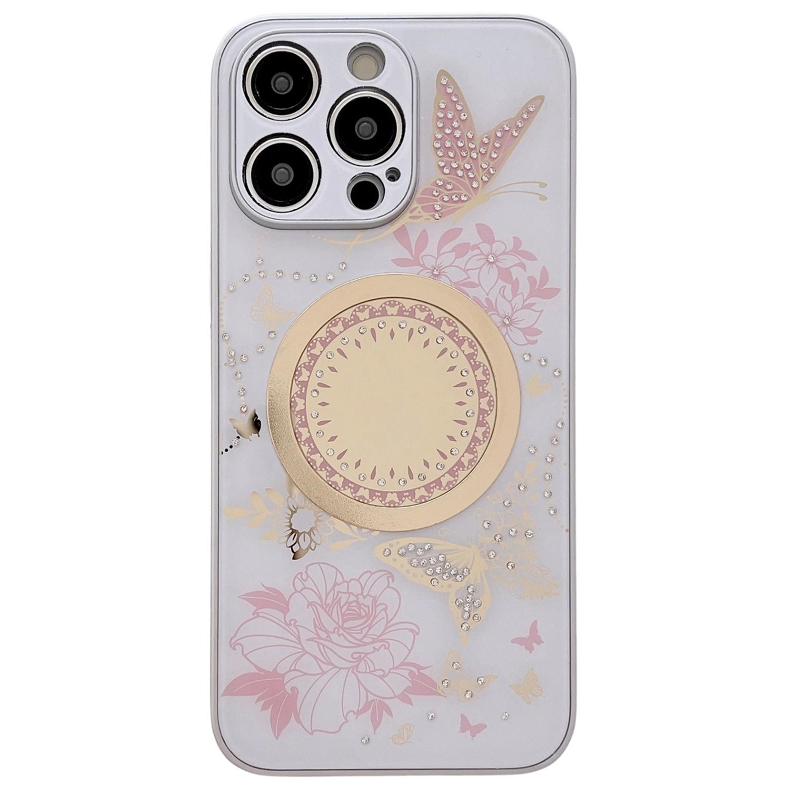 

For iPhone 15 Pro Max Case Compatible with MagSafe TPU+PC Phone Cover Flower Butterfly Pattern White/Pink
