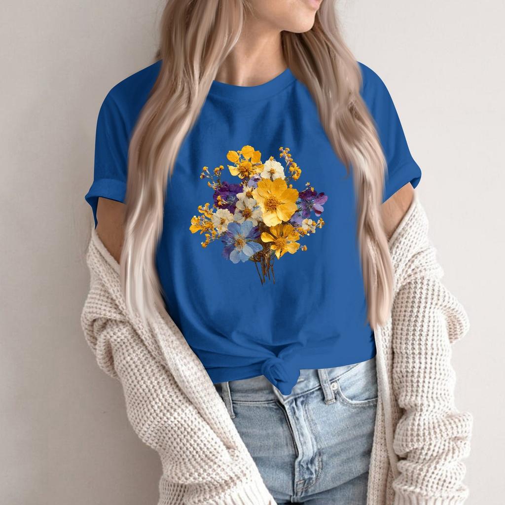 Women's Fashion Casual Printed Round Neck Short Sleeved Pullover T-Shirt Top
