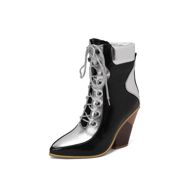 

ANNYMOLI, женские ботильоны с острым носком, на толстом высоком каблуке, разноцветные армейские ботинки на шнуровке, женская модная зимняя обувь, 46 34 чёрный