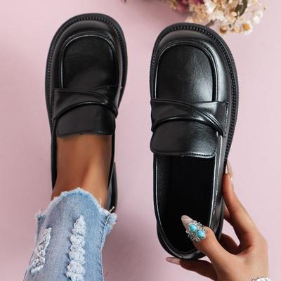 Chaussures de Travail à Talons Bas Noires Style Britannique pour Dames, Escarpins Décontractés à Bout Rond et Décolleté Peu Profond pour Femmes, Chaussures Plates en Cuir PU pour Femme