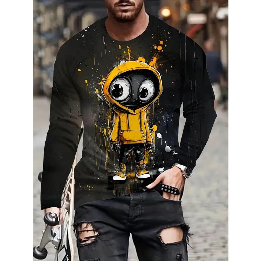 Cartoon Animal Print Men's Long Sleeve T-shirt Casual O-neck Oversized Pullover Autumn Fashion Streetwear High Quality Clothing