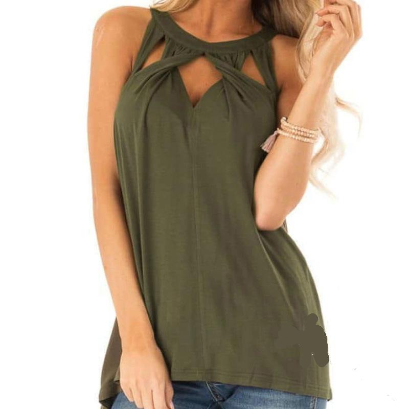 Fashion Women T-Shirt for Summer Casual O-Neck Sleeveless Hollow Female Tops Solid Splice Loose Women Summer T-Shirt Top