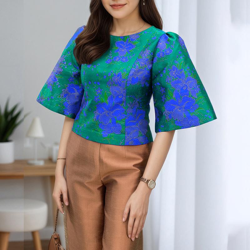 

ZANZEA Женская повседневная летняя блузка с круглым вырезом и коротким рукавом с принтом 5XL зелёный