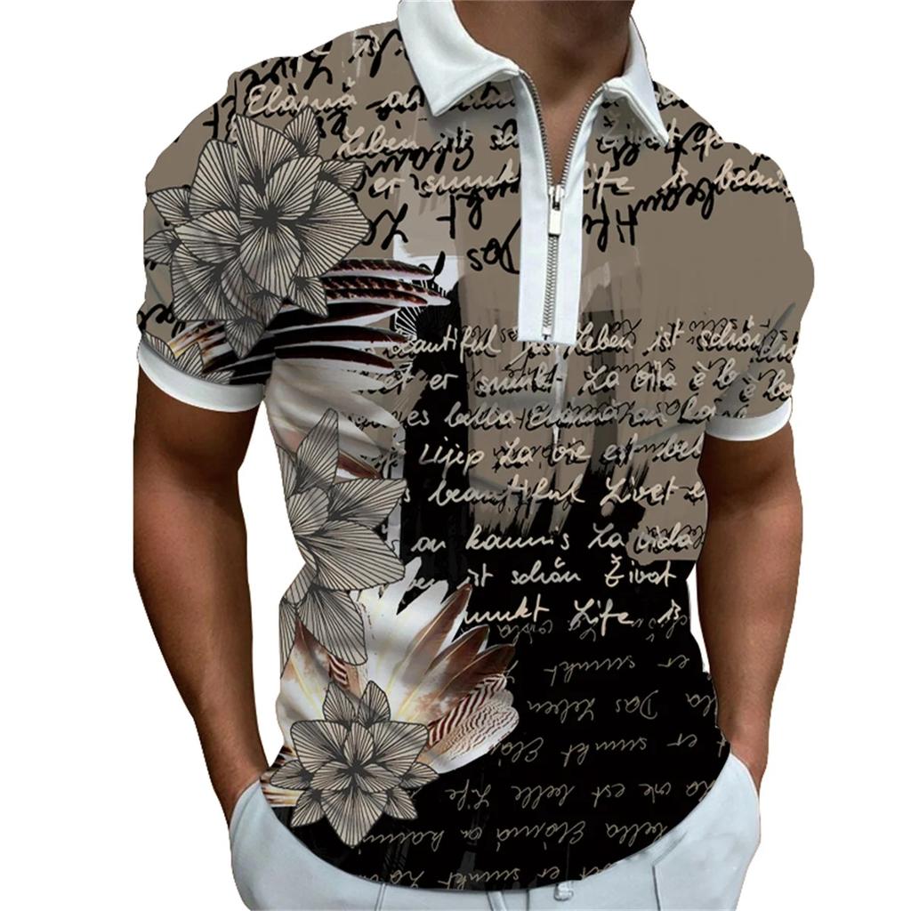 Men's Spring and Summer Short Sleeve Casual Polo Shirt Men's Fashion Personality Printed Zipper Lapel Polo T-shirt