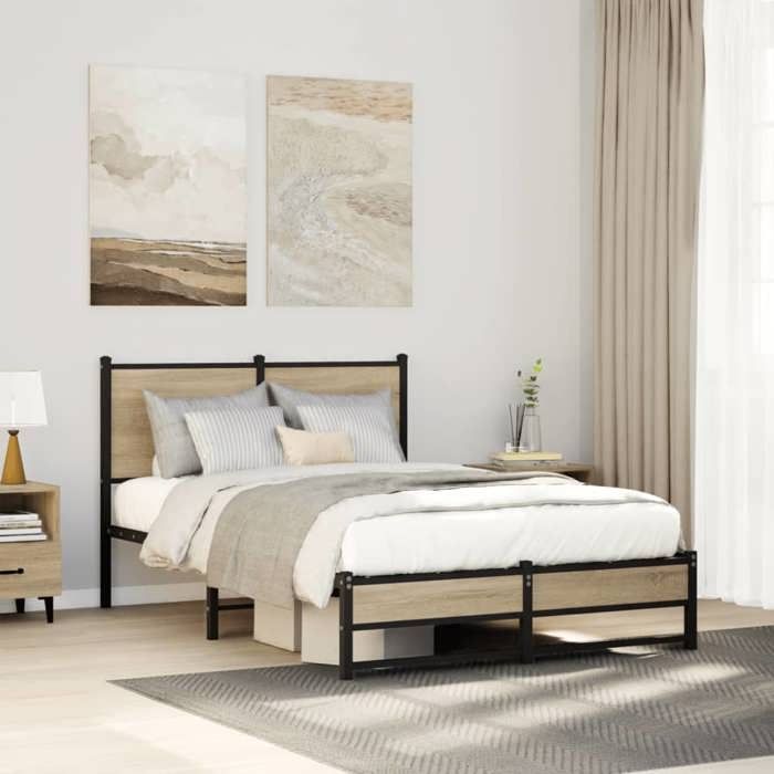 VidaXL Metal Bed Frames with Sonoma Oak Headboard 120x200 Cm, Double Bed, Bedroom Furniture, Bed 4007884