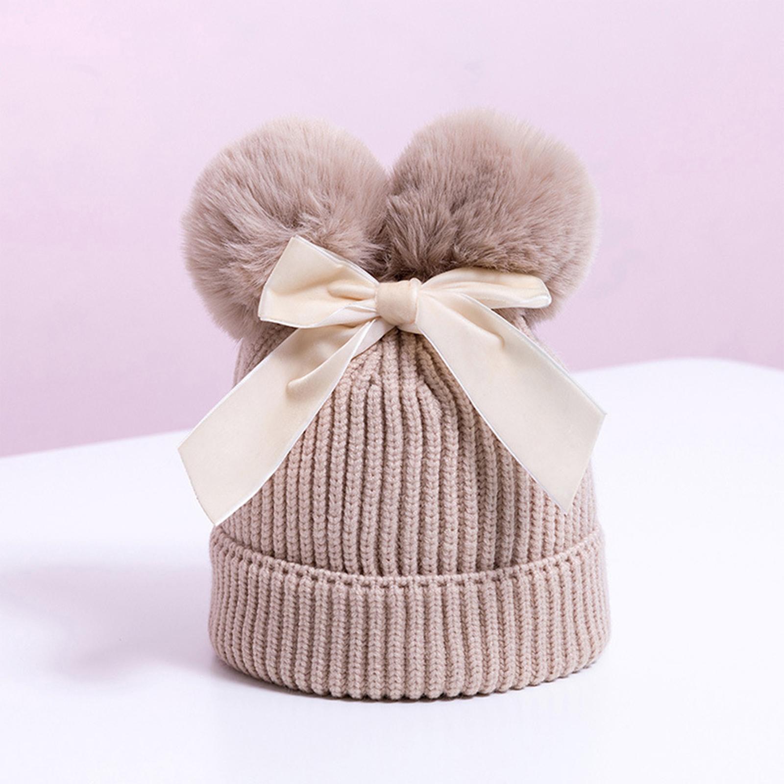 

Double Ball Bow Cross-border Preferred Baby Hat Yarn Children s Hat Thickened Baby Hat Children s Knitted Hat One Size бежевий