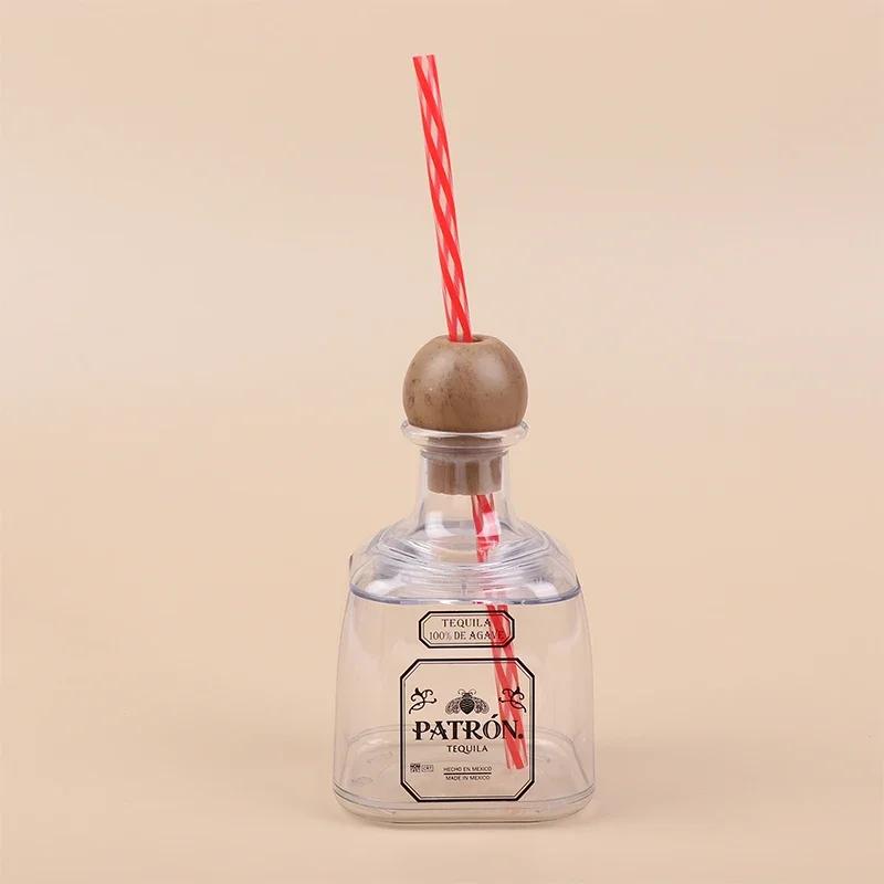 

2025 New 375ml Mini Tequila Bottles Acrylic Reusable Cups With Straw Hole Small Patron Bottles Empty For Drinking Gift