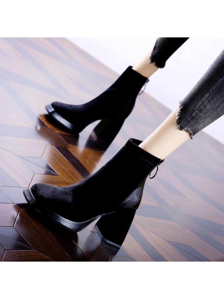 Suede Matte Square Head High-heeled Boots Women's Martin Boots 2025 Autumn and Winter New Waterproof Platform Thick-soled Heightened Thick-heeled