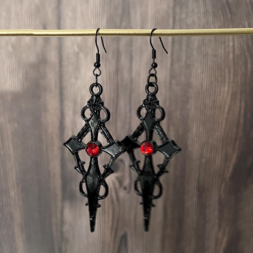 New Creative Dark Retro Style Black Cross Pendant Earrings Exaggerated Earrings