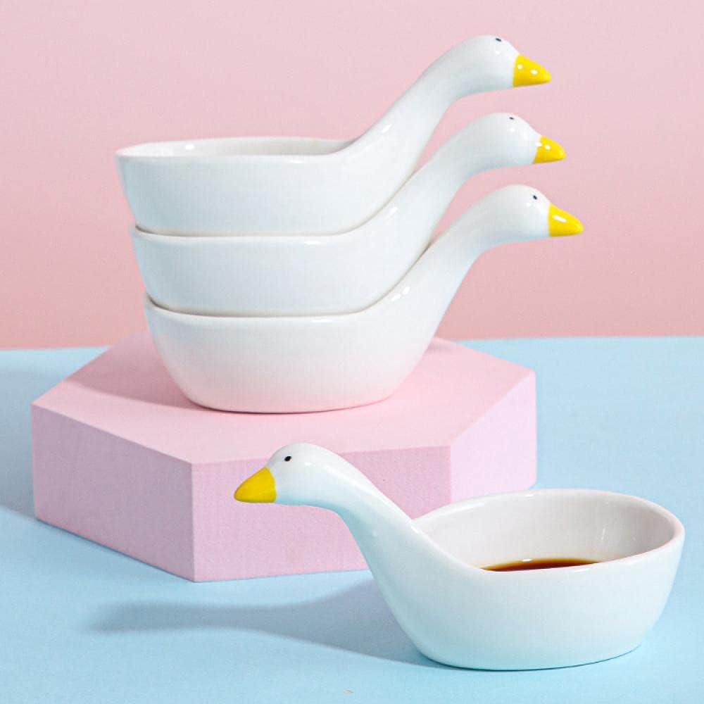 WAIT FLY 4pcs White Porcelain Sauce Dipping Bowl, 4-Inch Appetizer Plate Seasoning Dish, Stackable, Cute Duck Shape