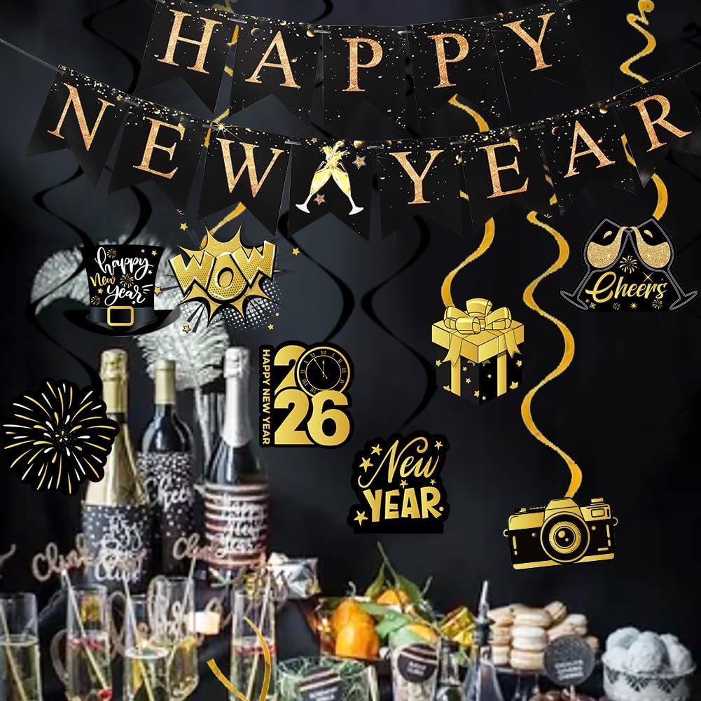 Happy New Years Decorations 2026, New Year Eve Party Supplies Banner with 8 Pcs Hanging Swirls for NYE Eve Party Supplies Black Gold