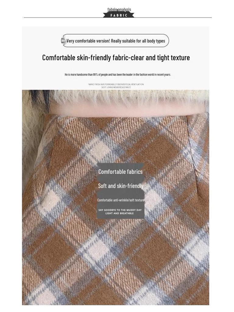 Women's Retro Red Plaid Wool Skirt - High-Waisted A-Line for Autumn/Winter 2024, Anti-Exposure