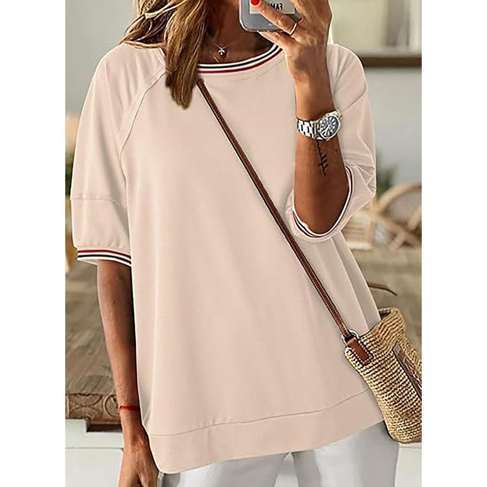 

Женская футболка в полоску, цветные блоки, свободный круглый вырез, женские топы, модная женская футболка с коротким рукавом, свободного покроя M бежевый