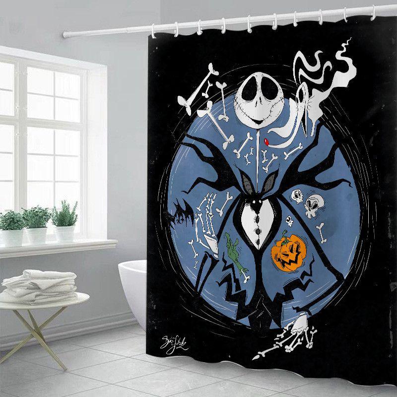 Żywa i kolorowa zasłona prysznicowa Miasteczko Halloween z haczykami do łazienek