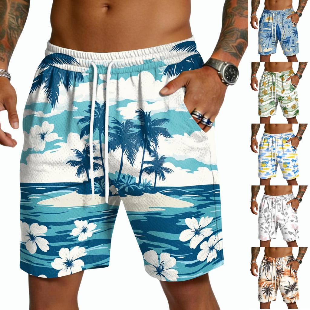 Men's Casual Quick Dry Drawstring Shorts with Hawaiian Print, Lightweight 5-Inch Inseam for Summer