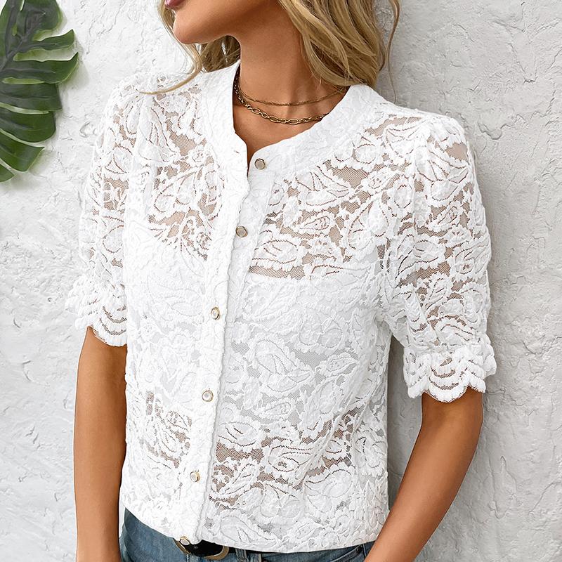 Ladies Summer Short Sleeve O Neck Lace Hollow Breathable Button Shirt Top