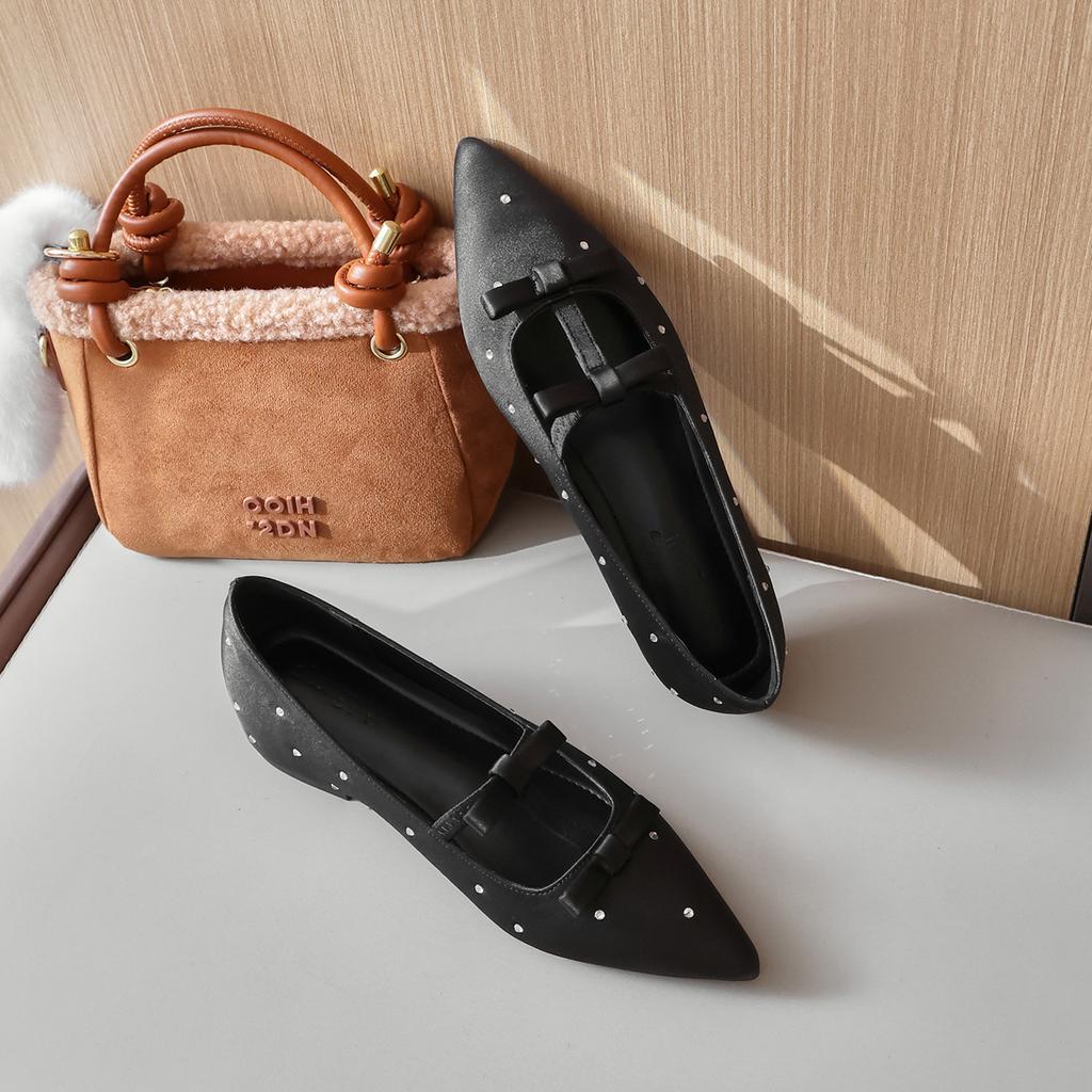 Fashion Flat Shoes for Women 2025 Spring and Autumn New Silk and Diamond Square Toe Increased Height 5cm Inside Bow Ladies Shoes