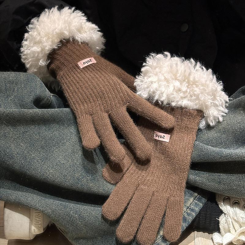 Gants tricotés à écran tactile tendance pour femmes, gants d'hiver chauds à bords en peluche, mitaines de cyclisme de sport coupe-vent, gants en peluche épais et doux au poignet