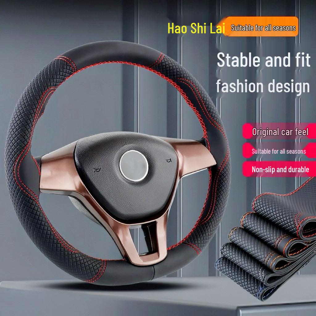 Hand-Stitched Genuine Leather 3D Embossed Universal Steering Wheel Cover - Wear-Resistant, Non-Slip, All-Season Microfiber.