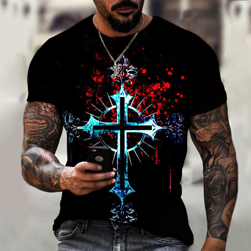 Men's Printed Color Cross 3D Short Sleeved T-shirt Summer Casual Sportswear Shirt