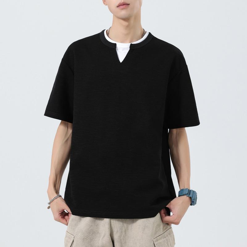 Men Fake Two Piece Notch Neck T Shirt Short Sleeve Loose Casual Textured Minimal Daily Summer Street Top
