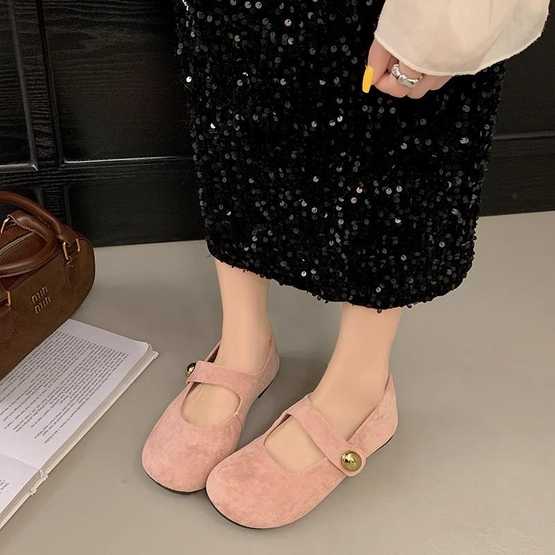 Retro Mori leather one-word buckle strap women's new cute round head Mary Jane flat shoes