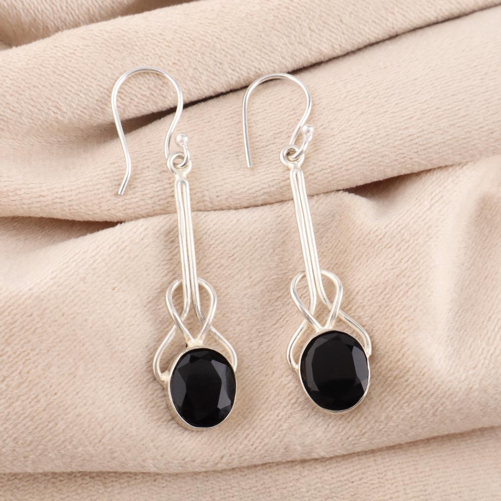 Black Onyx Gemstone 925 Sterling Silver Jewelry Handmade Dangle Earrings 1.76" EE-171-21