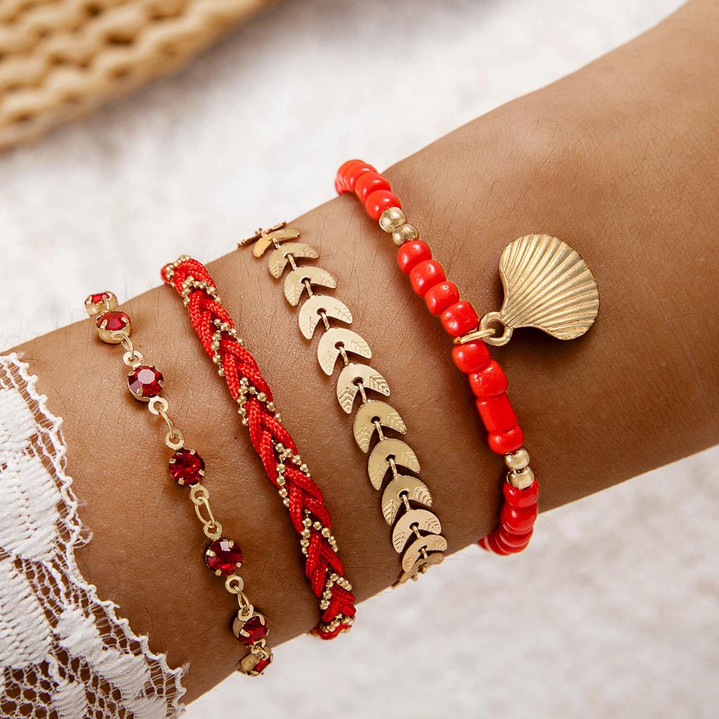 Bohemian Style Rice Bead Shell Multi-layer Bracelet Ethnic Wind Cord Woven Bracelet Four-piece Set