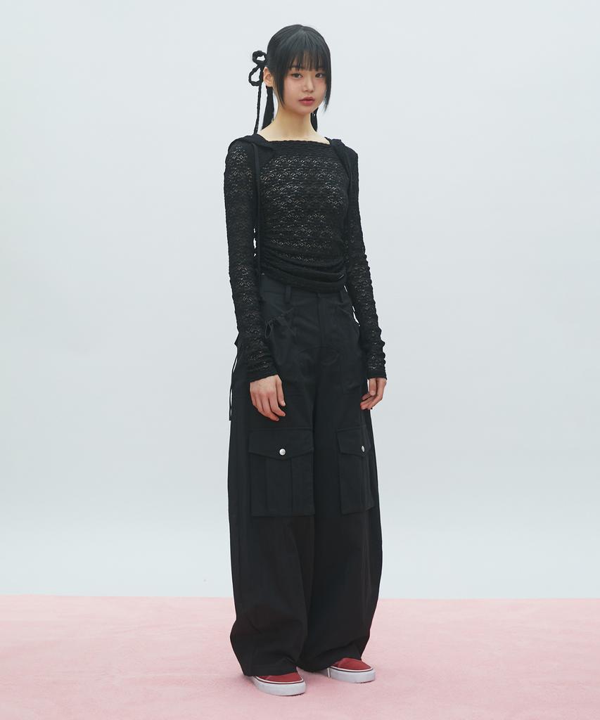Lace Boat Neck Hoodie Black Br2Cl006