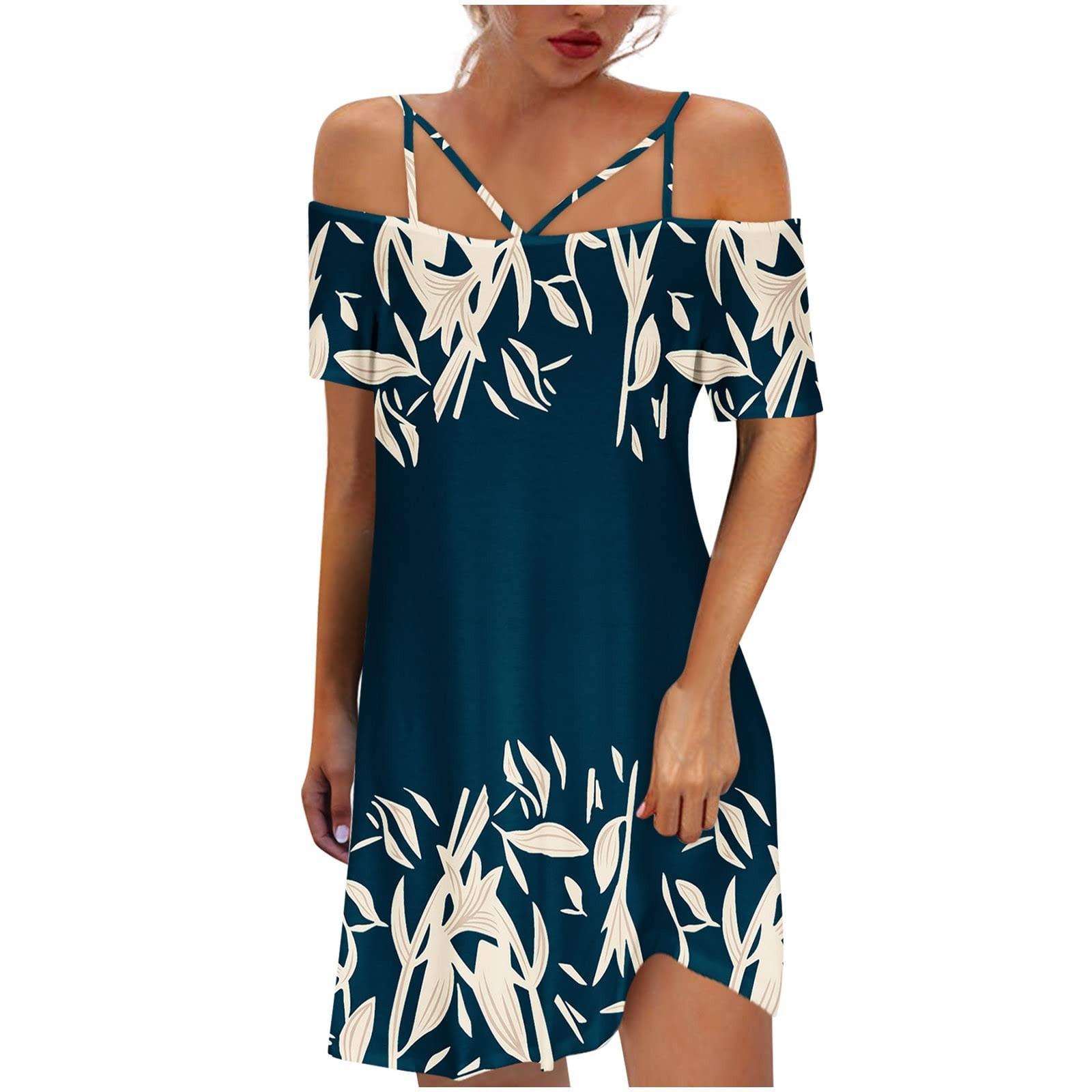 Women s Sexy Casual Off Shoulder Adjustable Straps Printed Midi Dress XXL