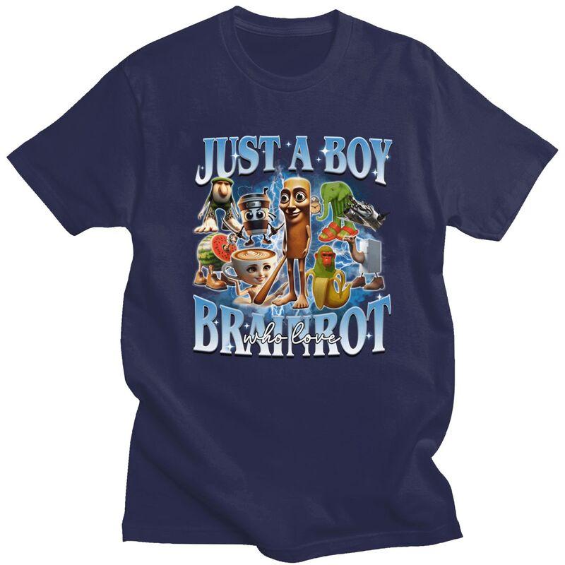 Just A Boy Brainrot Who Love Meme T Shirt for Men 100 Cotton Tshirt Casual Streetwaer Short Sleeve Tee Shirt Clothing Gift