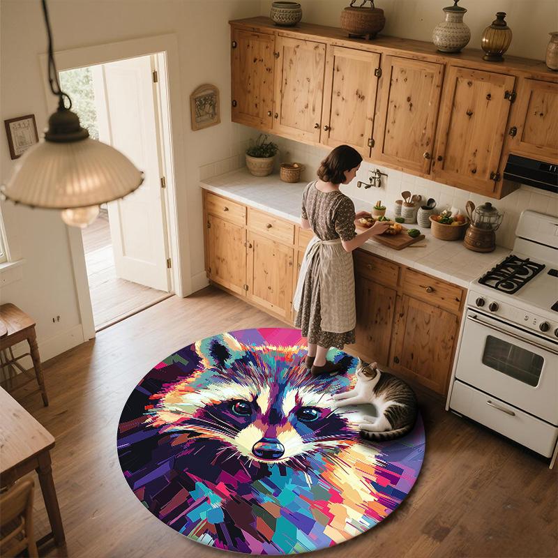 Colorful Raccoon,Round Area Rug,Carpet Rug for Living Room Bedroom Sofa Playroom Decor,Non-slip Floor Mat