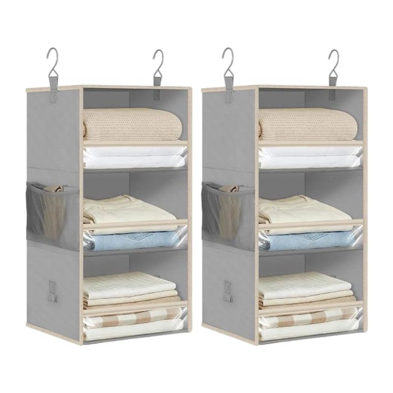 Foldable Hanging Closet Organizers Shelves in Nonwoven Fabric with 3 Storage Levels and a Side Pocket for Small Accessories