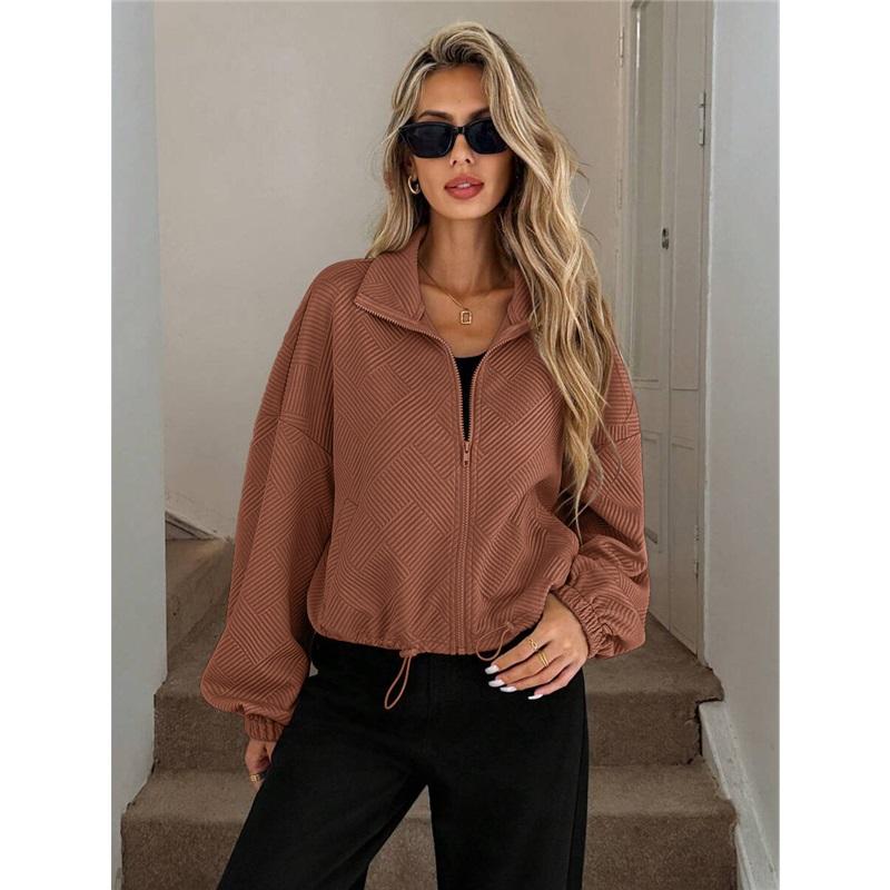 Womens Winter Coat High Neck Zip Drawstring Hem Pocket Loose Baseball Jacket For Fall And Winter Casual Style Outerwear