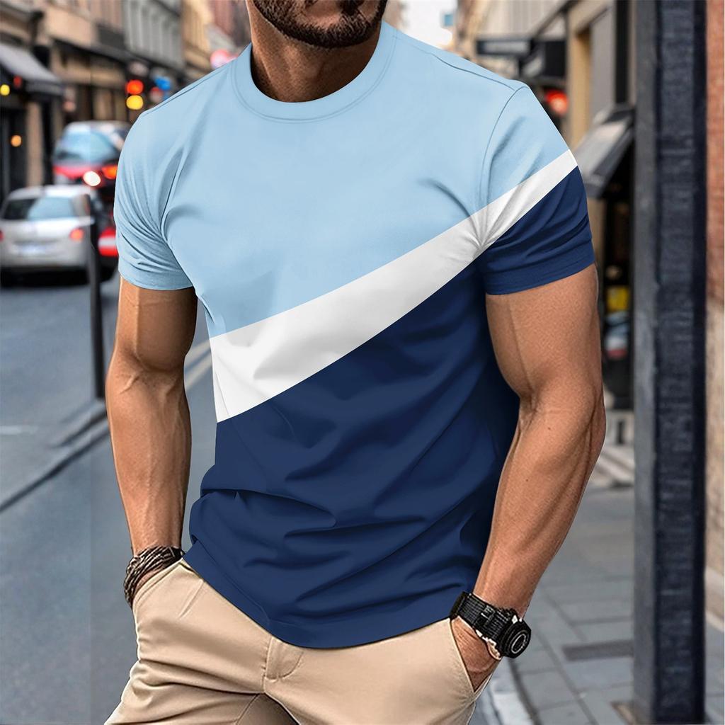 Men's Summer Casual Round Neck Short Sleeve Color Matching Pullover T-shirt Top