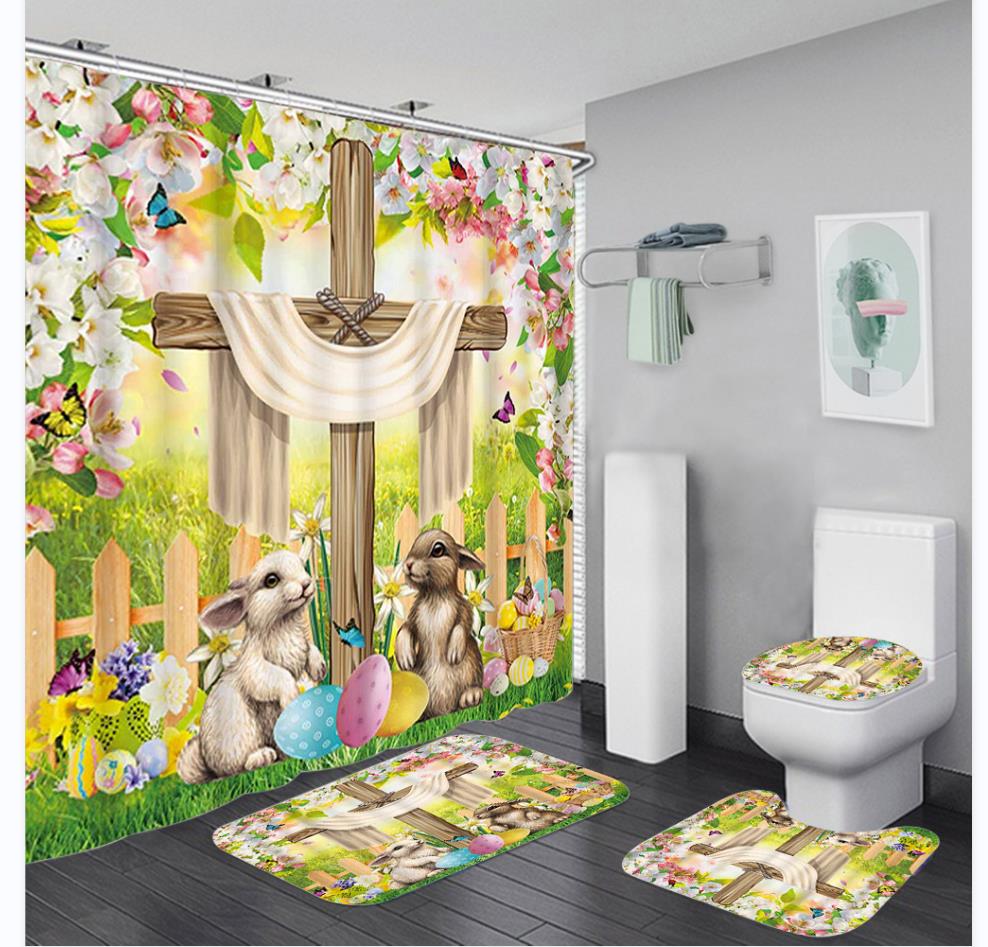 Christmas Bathroom Shower Curtain 4Pcs Set Snowman Santa Claus Pattern Waterproof Shower Curtain Toilet Cover Mat Non Slip Rug