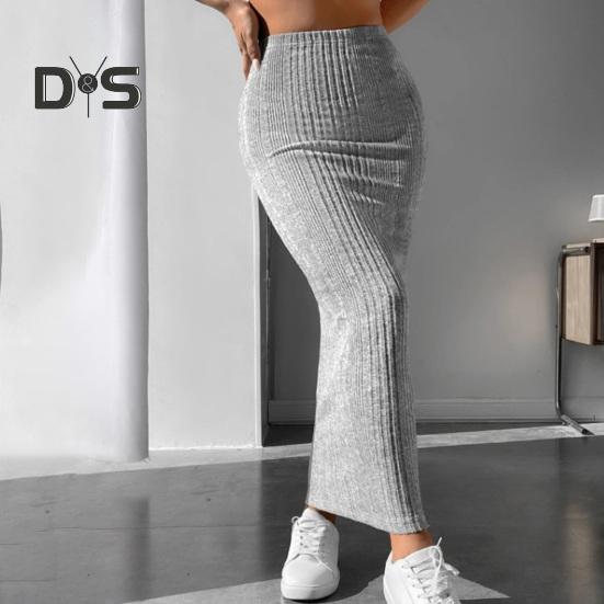Women Fall Winter Skirt High Waist Knitted Elastic Thick Warm Ankle Length Striped Slim Fit Soft Sheath Lady Maxi Skirt