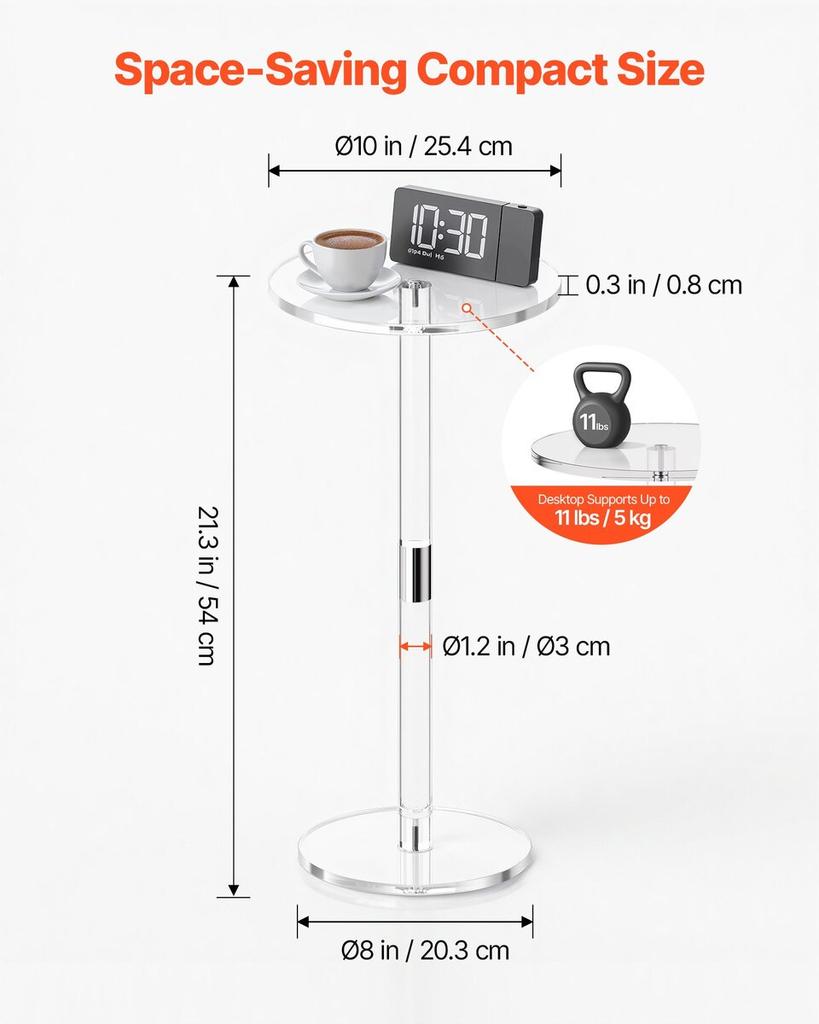 Acrylic Drink Table, Clear End Table Round Top with Solid Post, Modern Acrylic Cake Table Stand, Transparent Side Desk for Coffee, Drink, Food, Snack,