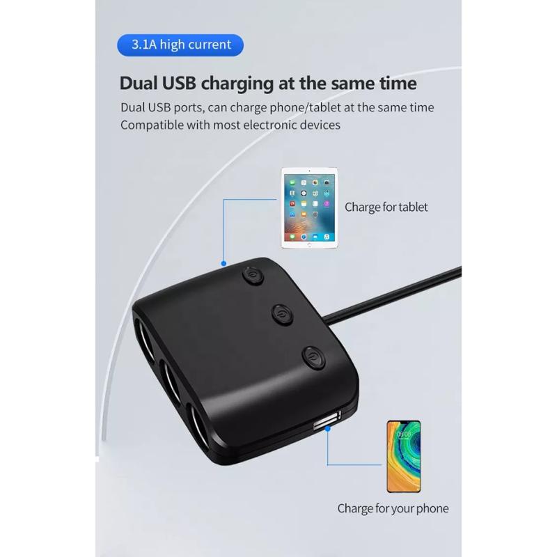 12-24v 120w High-Power Car Charger Dual Usb 3 Hole Independent Switch 1-to-3 Cigarette Lighter