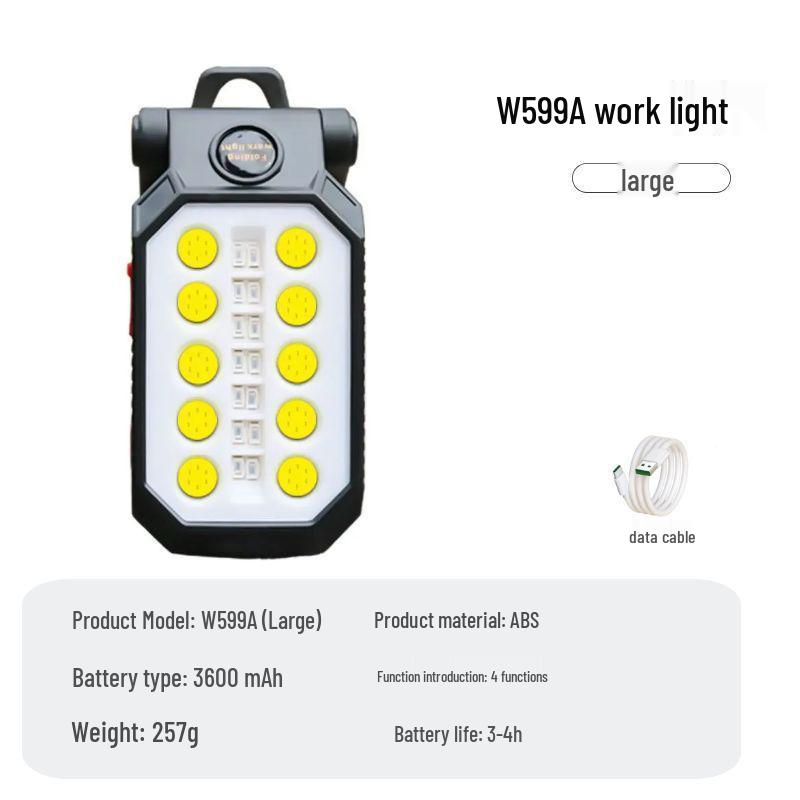 COB LED Handheld Work Light with USB Charging, Magnet Hook, and Emergency Flashlight for Outdoor and Auto Repair.