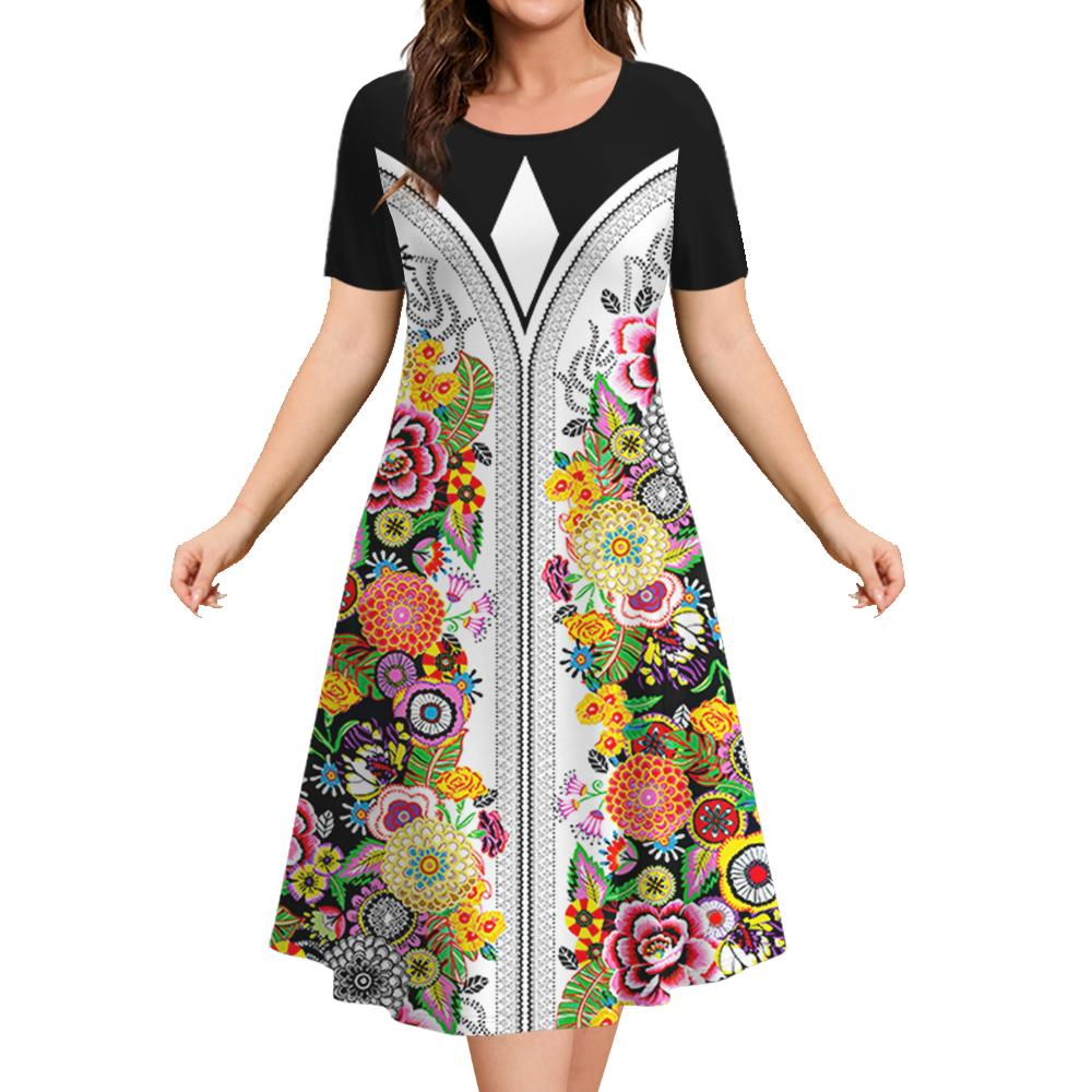 Ethnic Style Women's A-line Skirt Summer Fashion Casual Dress Flower Clothes Ladies Loose Casual Round Neck Dress