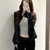 Women's Trendy Black Suede Stand Collar Retro Jacket for Spring, Autumn, and Winter