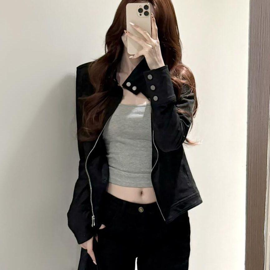 Women's Trendy Black Suede Stand Collar Retro Jacket for Spring, Autumn, and Winter