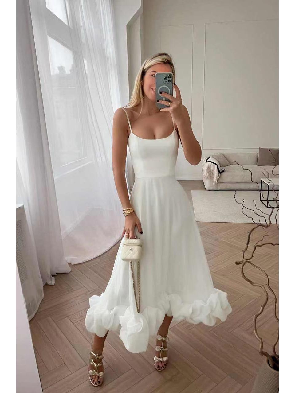 

Женское летнее плиссированное платье на подтяжках - длинная юбка в европейском и американском стиле S белый