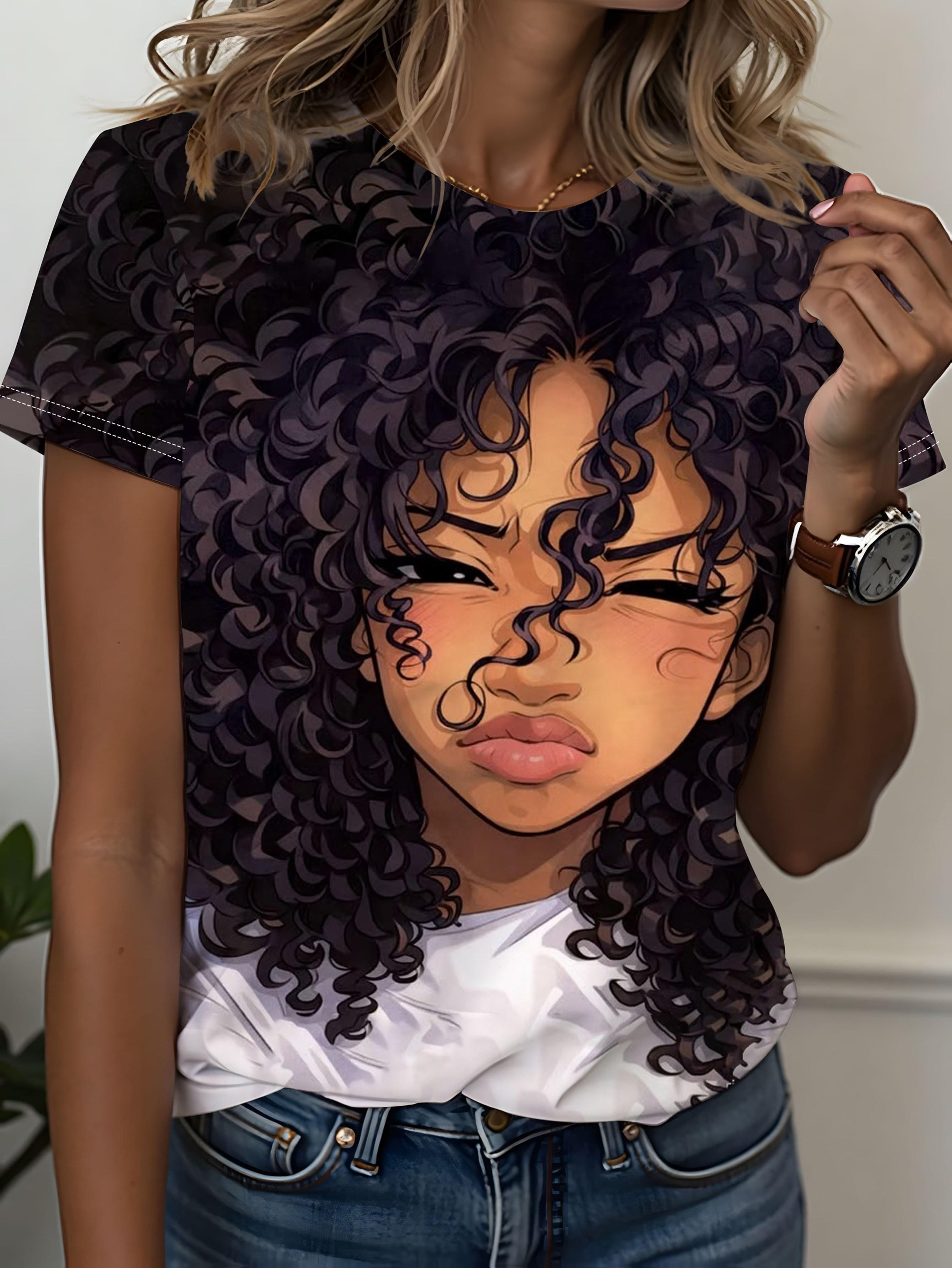 

Fun Curly-Haired Print Short Sleeve T-Shirt - Niche Design. Casual Versatile Women s Top Full-Print Anime Avatar Personality Print + Trendy Street S S дубильная кора