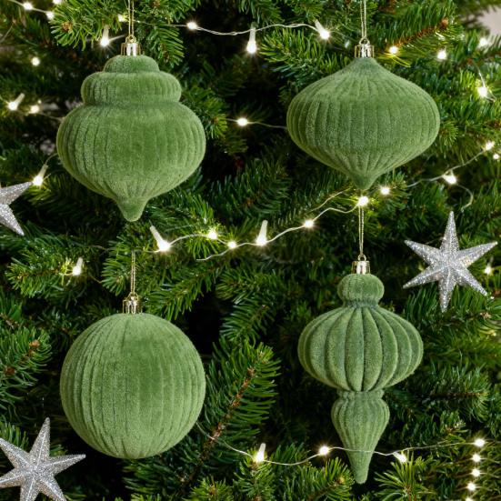 4Pcs Velvet Christmas Ball Ornaments Plastic Flocked Decor with Metal Hangers Holiday Home Decorations for Tree Mantel