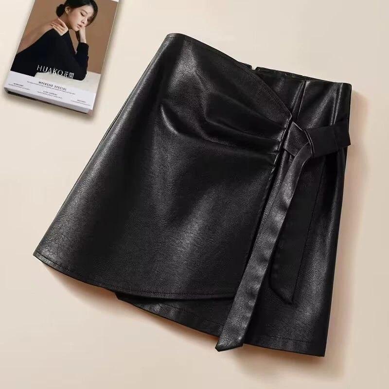 Women s High Waisted Tie Waist Faux Leather A-Line Midi Skirt With Slit S