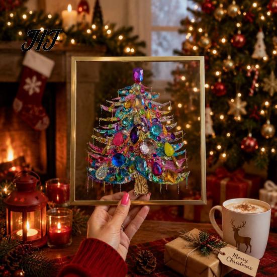 Einzigartiges Weihnachtsgeschenk für Freunde DIY Falscher Kristall Perlenmalerei Weihnachtsbaum-Set, Funkelndes Handgemachtes Wandkunst Bastelset, 3D Edelsteinperlen