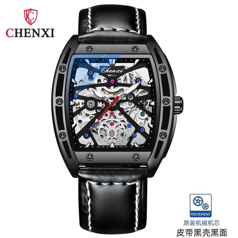 Mens Automatic Mechanical Watch Wine Barrel Skeleton Genuine Leather Waterproof 30M Luminous Casual Style