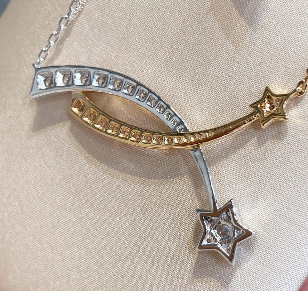 New Hot Brand Vintage Necklace Gifts For Weeding Luxury Jewelry For Women Pink Gold Zircon 2 Star Comet Pure 925 Sliver Pendant